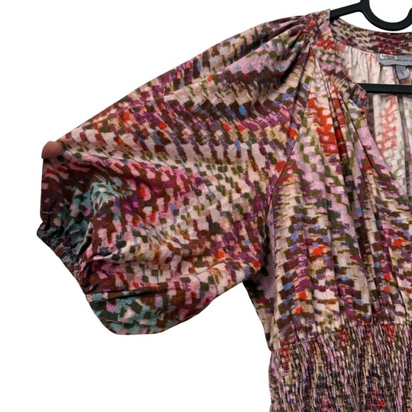 Anthropologie Conditions Apply Multicolor Geometric Puff Sleeve Midi Dress 2 - Picture 4 of 6
